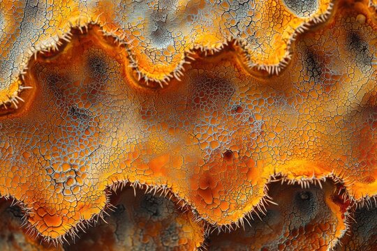 Detailed close-up of a colorful sea cucumber skin, showcasing its intricate patterns, textures, and spiky exterior, revealing the beauty of marine wildlife.