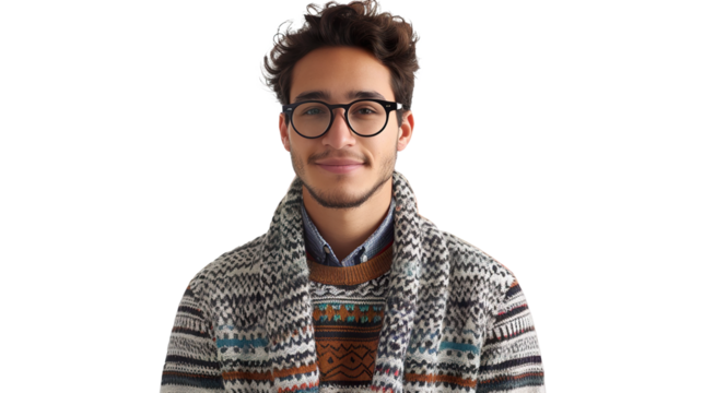 A Man with Glasses and a Sweater Standing on Transparent Background, PNG
