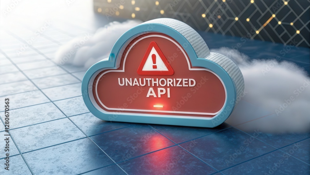 Poster cloud security threats concepts. a cloud-shaped sign displays a red alert for 