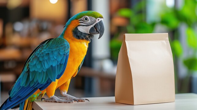A vibrant parrot with striking blue and yellow feathers perches on a table beside a plain mockup bag of parrot food