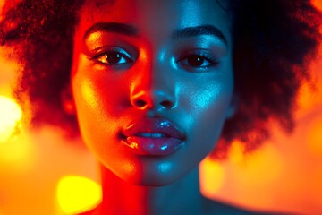 Fototapeta premium Gorgeous happy black girl - for ads, poster and digital marketing use. Commercial promotion idea art. Short haircut - highlighted hair. African american style advertising. Modern black woman.