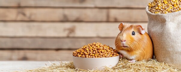A charming guinea pig sits comfortably on straw next to a full food bowl filled with colorful grains while a mockup bag of guinea pig food rests nearby in a pet store environment