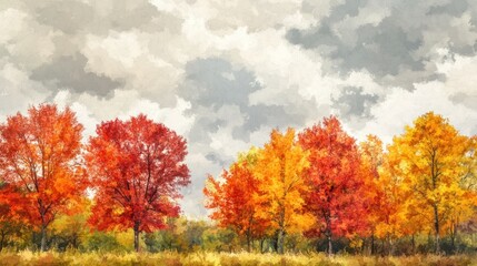 Fototapeta premium Autumn trees under cloudy sky. Possible use Stock photo