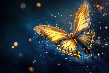 luminous golden butterfly with sparkling wings against deep midnight blue background, trailing magical stardust