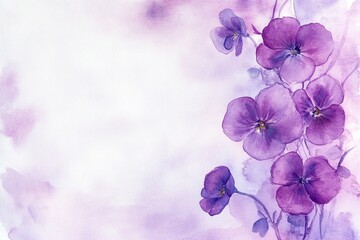 Naklejka premium Elegant Watercolor Purple Pansies Floral Design Romantic Soft Background Wedding Invitation Card Template Beautiful Delicate Flowers Spring Summer Nature Botanical Illustration Artistic Painting 