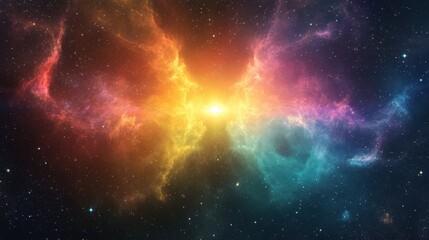 A vibrant cosmic nebula radiates brilliant colors, blending shades of yellow, pink, and blue against a starry backdrop.