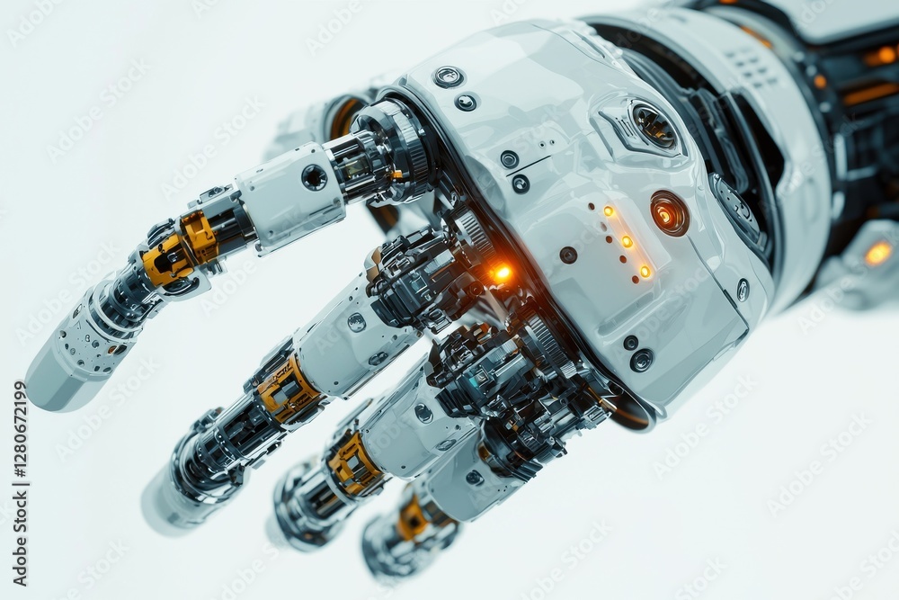 Poster highly detailed robotic hand pointing with advanced mechanisms, illustrating future technology and t