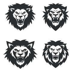 lion head logo set, vector illustration collection, lion silhouette emblem, majestic wild animal mascot design