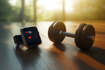 A fitness smartwatch displays heart rate next to a dumbbell, symbolizing health and exercise in a serene environment.
