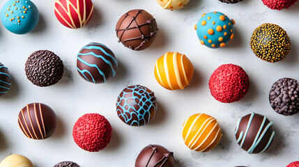 Obraz premium variety of colorful cake pops with decorative designs are arranged on white background, showcasing intricate patterns and vibrant colors