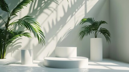 Fototapeta premium Minimal white room, cylinder podium, subtle palm leaf shadows, abstract product display setup