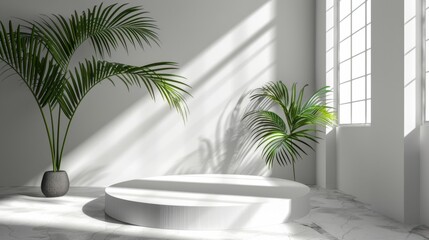 Fototapeta premium Minimal white room, cylinder podium, subtle palm leaf shadows, abstract product display setup