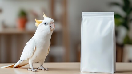A small adorable parrot is sitting on a wooden table beside a plain mockup of a large bag of parrot food