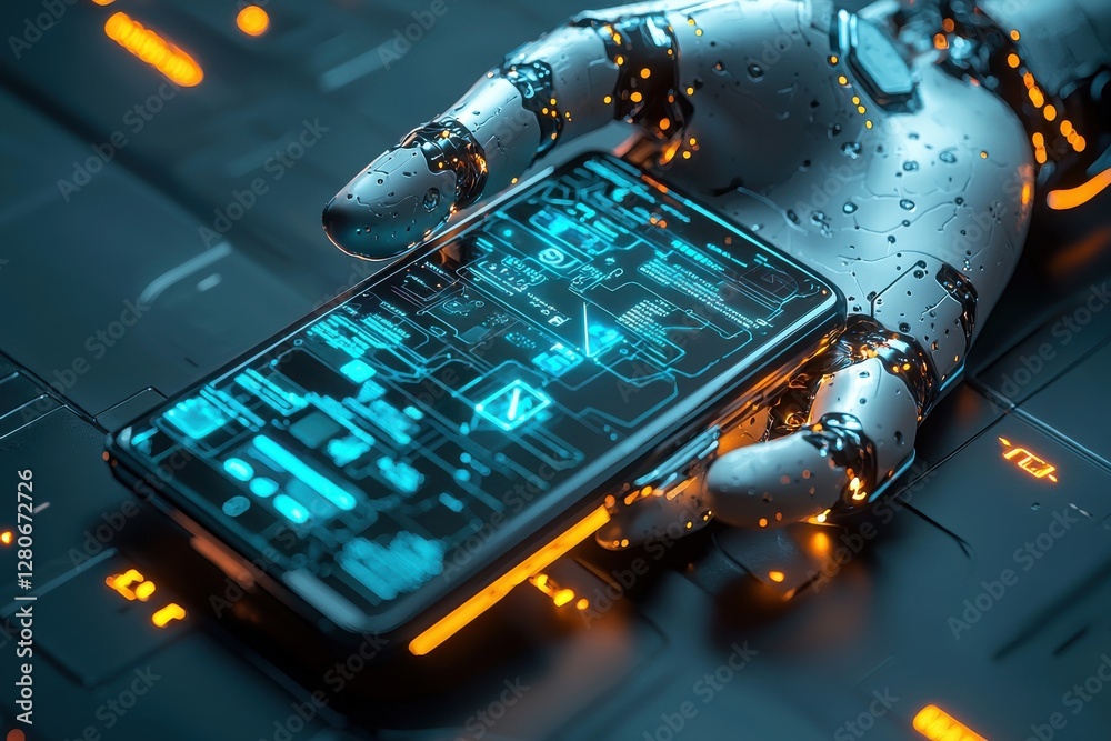 Poster a futuristic robot hand holding a smartphone displaying complex circuit diagrams, showcasing advance