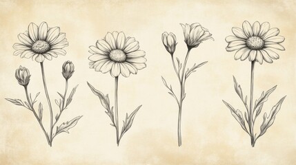 Botanical illustration of daisies showcasing four stages of growth, featuring delicate line art on a soft, textured background.