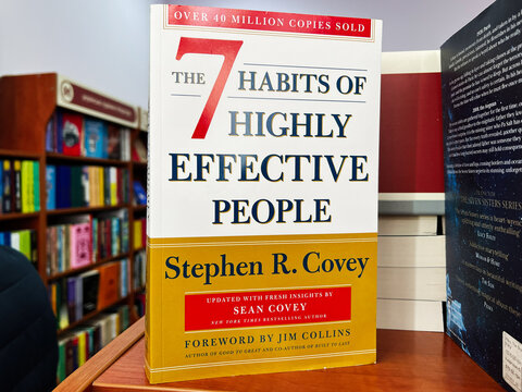 Book Cover of 'The 7 Habits of Highly Effective People' on a Bookshelf