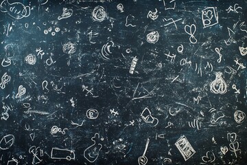 Abstract Chalk Doodles On Vintage Blue Blackboard Background For Education And Creativity Concepts