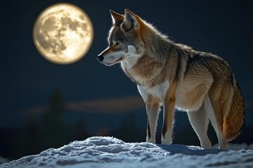 Obraz premium A coyote stands vigilantly on a snowy crest under a full moon, its sharp gaze piercing the night, embodying the wild spirit of the untamed wilderness.