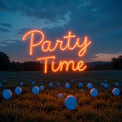 Text 'Party Time" green neon color glowing light on dark night city realistic. 