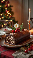 Fototapeta premium Elegant Yule log cake adorned with festive decorations, holiday joy
