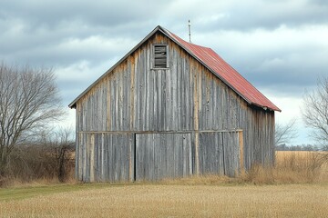 Obraz premium Rustic Wooden Barn with Red Roof in Open Field on Cloudy Day with Bare Trees and Dry Grass