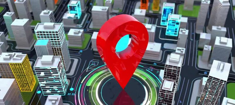 Interactive city map with digital location pins highlighting urban navigation and connectivity