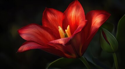 A vibrant red tulip in full bloom, showcasing delicate petals and soft lighting.