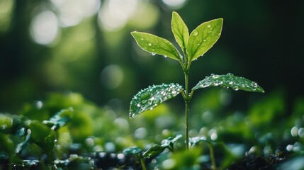 Obraz premium A young green sapling glistens with morning dew, symbolizing growth and renewal in a lush, vibrant forest environment.