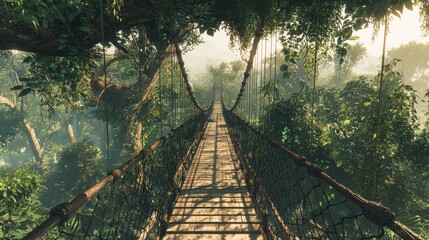 Fototapeta premium Serene Suspension Bridge Surrounded by Lush Greenery in Vibrant Jungle Environment at Sunrise