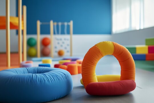 Autism research during a sensory integration therapy session in a calming environment. Featuring engagement and patience