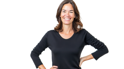 A Smiling Woman with Her Hand on Her Hip Posed on Transparent Background, PNG