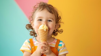 A happy toddler girl enjoys eating ice cream in a waffle cone.