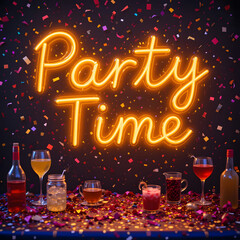 Text " Party Time" Neon Sign with Gold Lights and Star Decorations