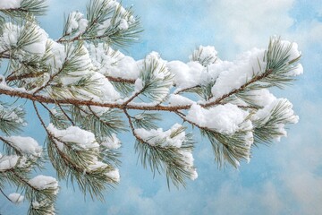 Snow Covered Pine Tree Branch on Bright Cloudy Blue Sky Winter Seasonal Outdoor Scene