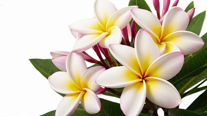 Fototapeta premium Closeup of a vibrant bouquet of white and pink Plumeria flowers with yellow centers against a clean white background showcasing natural beauty.