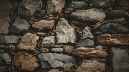 Textured wall of natural stone featuring a mix of gray and brown rocky bricks creating a historical pattern ideal for backgrounds and designs.