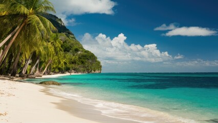 Fototapeta premium Tropical beach scene with palm trees on left, turquoise water in center, white sandy shore, under a vibrant blue sky with fluffy clouds.