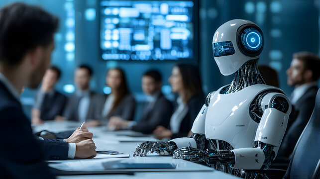 humanoid robot participates in business meeting with professionals, showcasing advanced technology and collaboration in modern office setting