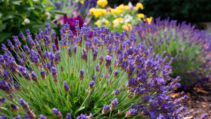 Obraz premium Vibrant close-up of lush lavender bushes with rich purple blooms in a garden setting featuring soft green foliage and colorful flowering plants in background