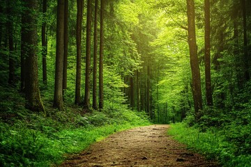 Obraz premium Serene Forest Trail Surrounded by Tall Green Trees and Lush Vegetation in Sunlit Woodland