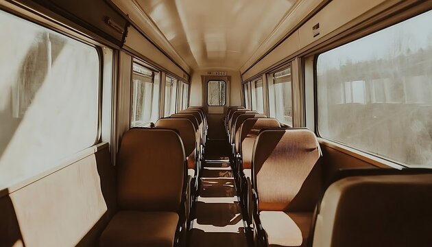 Empty train carriage interior, sunlight, deserted, travel, transportation, possible use stock photo for travel or transportation articles - Powered by Adobe