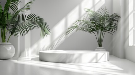 Fototapeta premium Minimal white room, cylinder podium, subtle palm leaf shadows, abstract product display setup