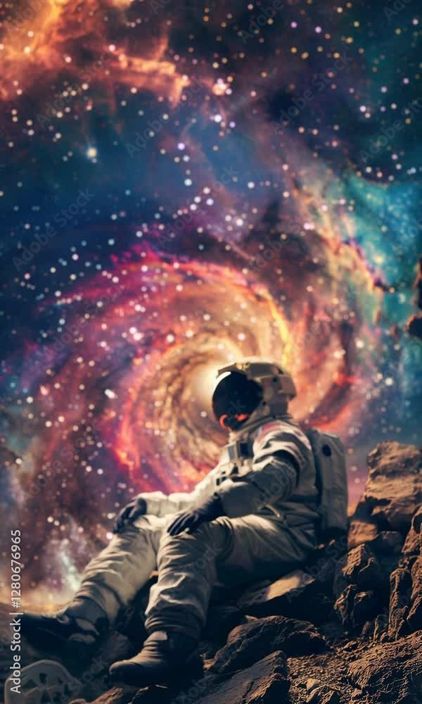 Wall mural astronaut gazing at cosmic swirl in vibrant space scenery