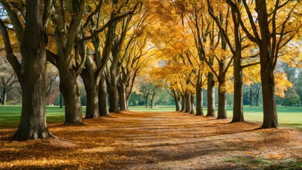 Autumn park scene featuring vibrant yellow and orange trees lined along a path with scattered leaves on the ground under a clear sky