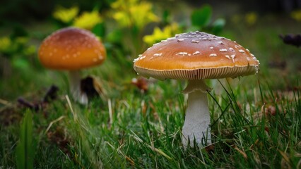Mushroom growth in lush green grass with vibrant orange caps and white stems against a blurred background of yellow flowers and foliage.
