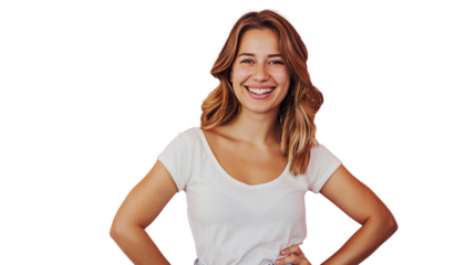 A Smiling Woman with Her Hand on Her Hip Posed on Transparent Background, PNG