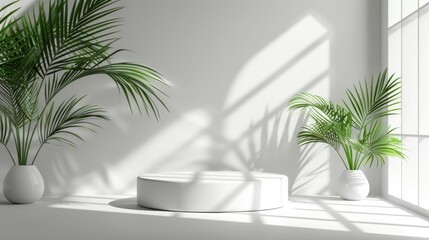 Fototapeta premium Minimal white room, cylinder podium, subtle palm leaf shadows, abstract product display setup