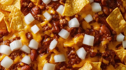 A delicious spread of nachos topped with savory chili, cheddar cheese, white onions, and beans, perfect for sharing at any gathering.