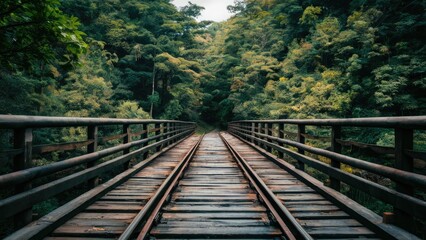 Fototapeta premium A tranquil wooden bridge with small rails extending into lush green foliage on both sides creating a serene and inviting perspective.