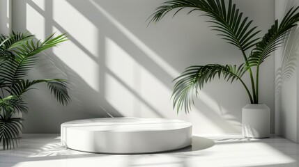 Obraz premium Minimal white room, cylinder podium, subtle palm leaf shadows, abstract product display setup